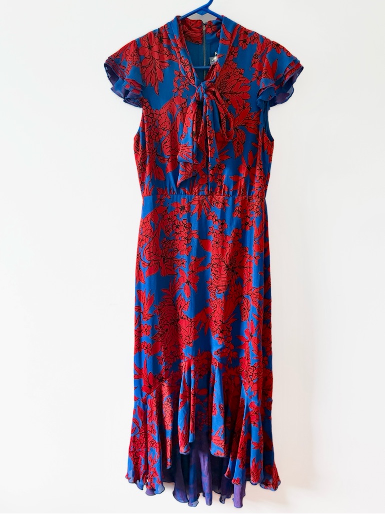 Alice + Olivia Blue Red Fancy Floral High Low Ruffle Dress W/Neck Tie Nwt Sz 6